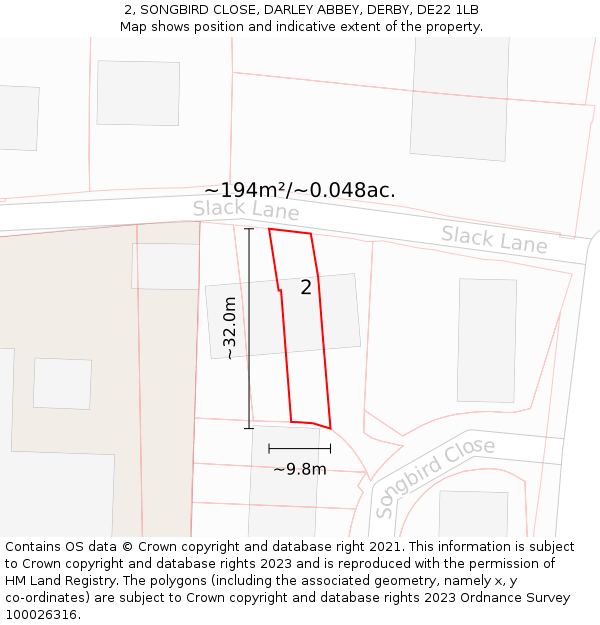 2, SONGBIRD CLOSE, DARLEY ABBEY, DERBY, DE22 1LB: Plot and title map