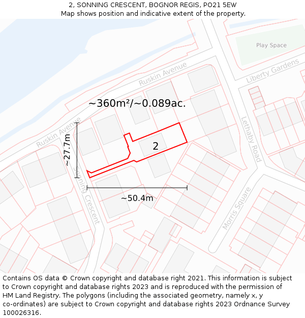 2, SONNING CRESCENT, BOGNOR REGIS, PO21 5EW: Plot and title map