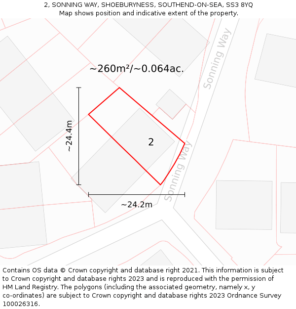 2, SONNING WAY, SHOEBURYNESS, SOUTHEND-ON-SEA, SS3 8YQ: Plot and title map