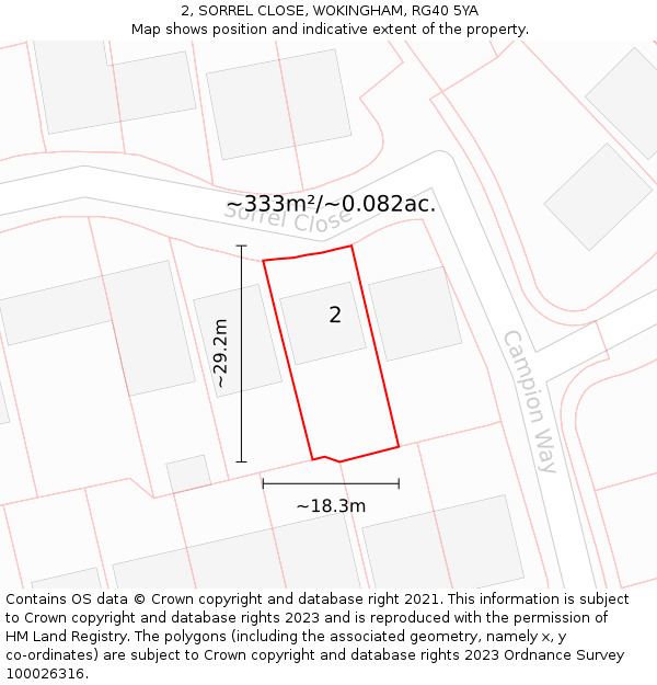 2, SORREL CLOSE, WOKINGHAM, RG40 5YA: Plot and title map
