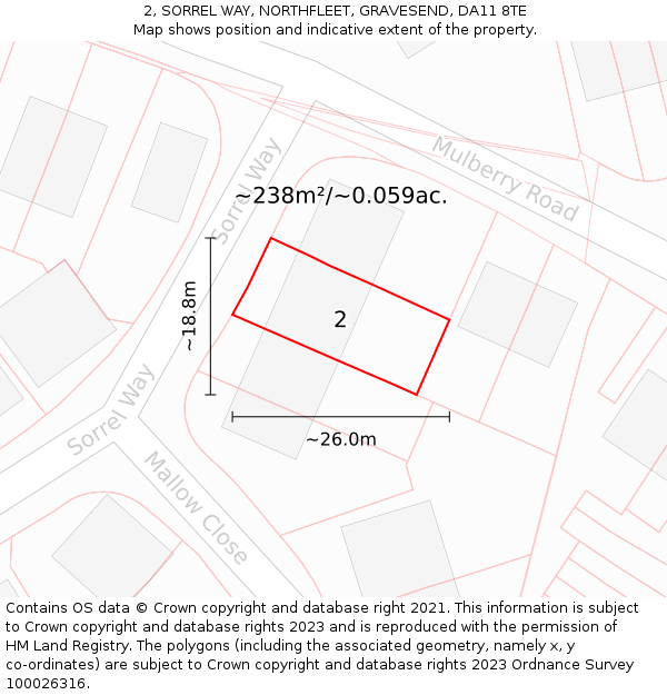 2, SORREL WAY, NORTHFLEET, GRAVESEND, DA11 8TE: Plot and title map