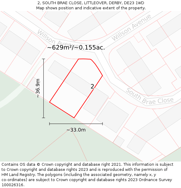 2, SOUTH BRAE CLOSE, LITTLEOVER, DERBY, DE23 1WD: Plot and title map