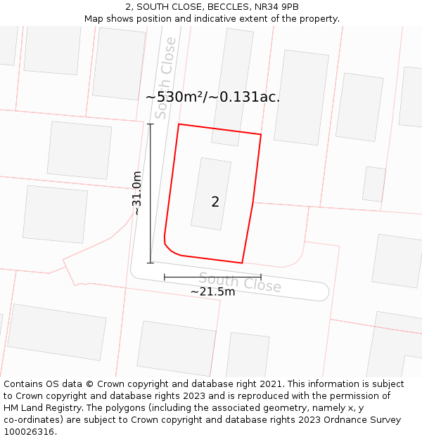 2, SOUTH CLOSE, BECCLES, NR34 9PB: Plot and title map