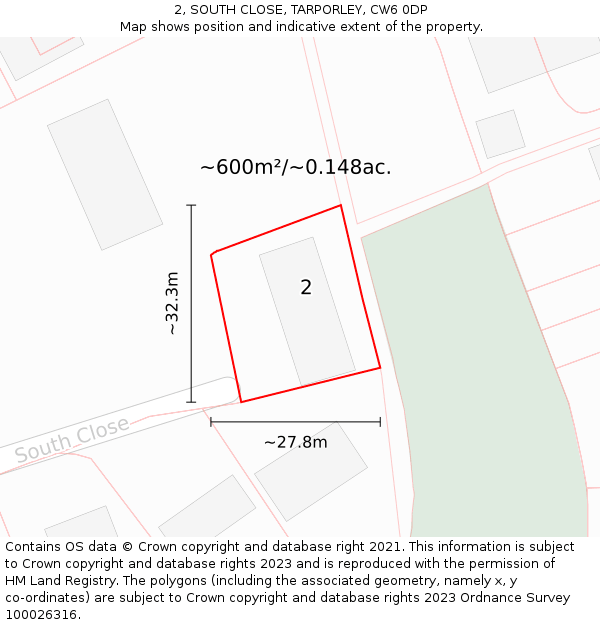 2, SOUTH CLOSE, TARPORLEY, CW6 0DP: Plot and title map