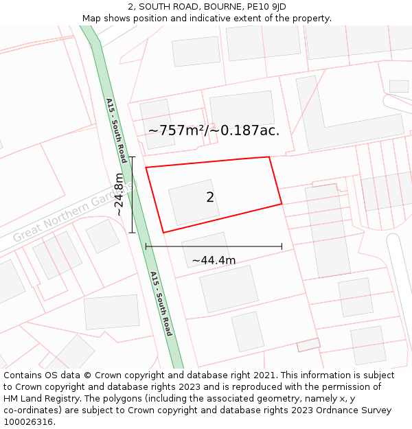 2, SOUTH ROAD, BOURNE, PE10 9JD: Plot and title map