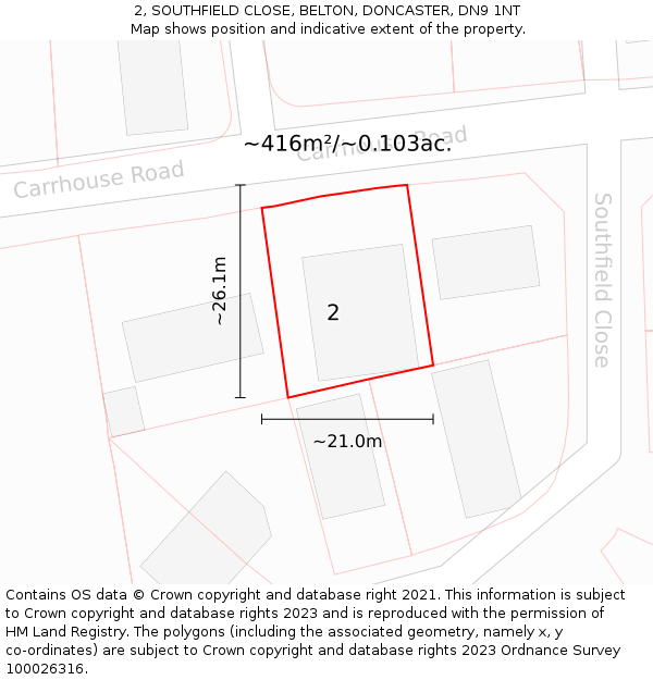 2, SOUTHFIELD CLOSE, BELTON, DONCASTER, DN9 1NT: Plot and title map