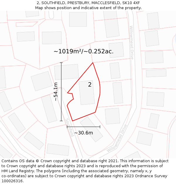 2, SOUTHFIELD, PRESTBURY, MACCLESFIELD, SK10 4XF: Plot and title map