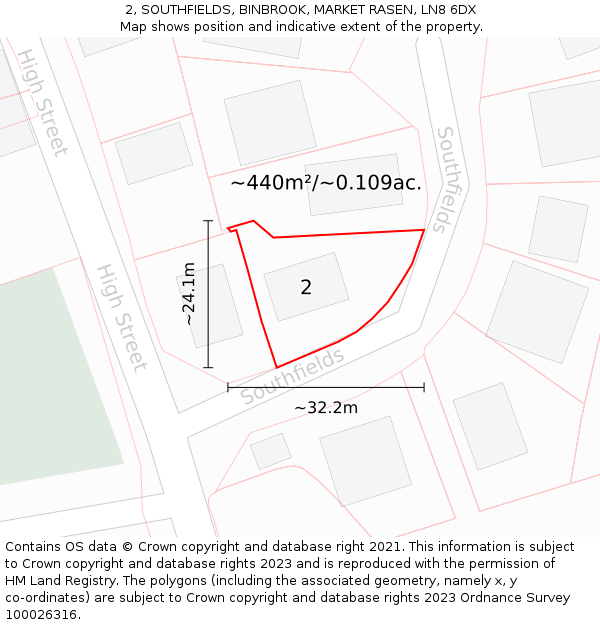 2, SOUTHFIELDS, BINBROOK, MARKET RASEN, LN8 6DX: Plot and title map