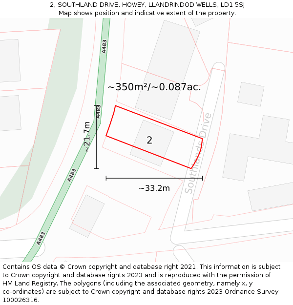 2, SOUTHLAND DRIVE, HOWEY, LLANDRINDOD WELLS, LD1 5SJ: Plot and title map
