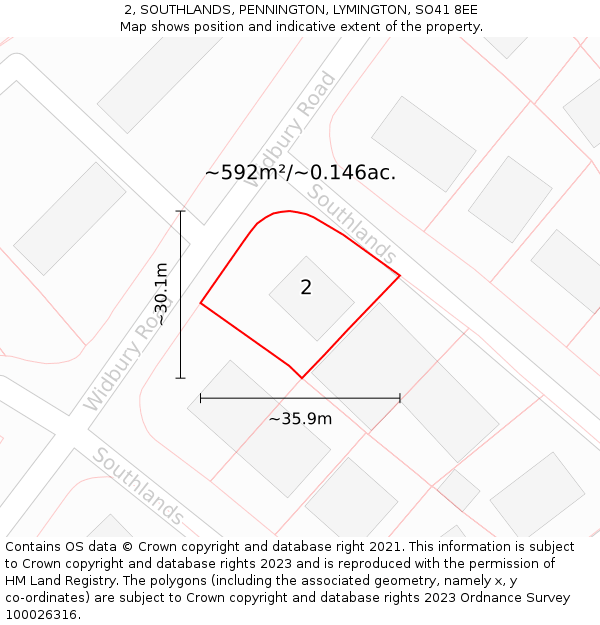 2, SOUTHLANDS, PENNINGTON, LYMINGTON, SO41 8EE: Plot and title map