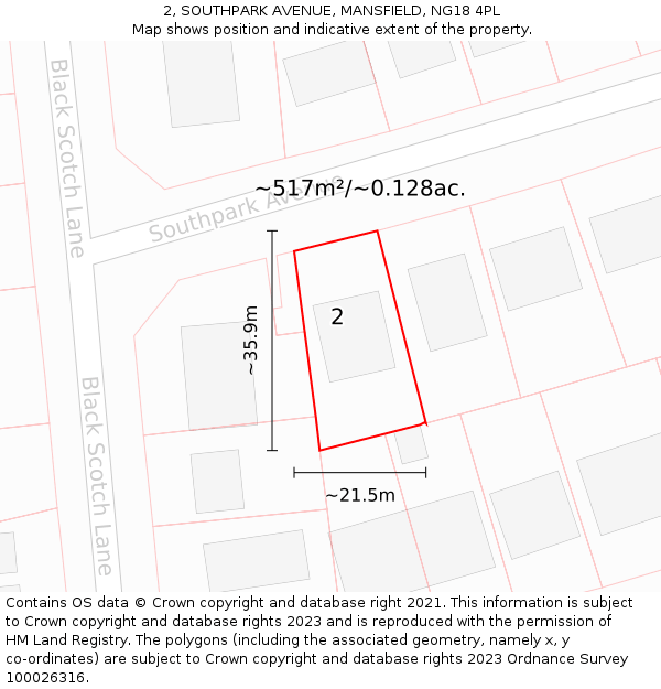 2, SOUTHPARK AVENUE, MANSFIELD, NG18 4PL: Plot and title map