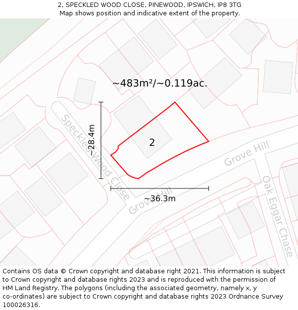 2, SPECKLED WOOD CLOSE, PINEWOOD, IPSWICH, IP8 3TG: Plot and title map