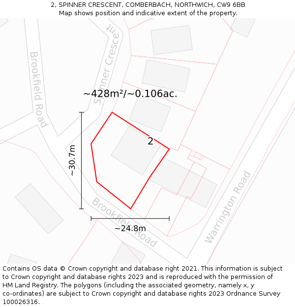 2, SPINNER CRESCENT, COMBERBACH, NORTHWICH, CW9 6BB: Plot and title map