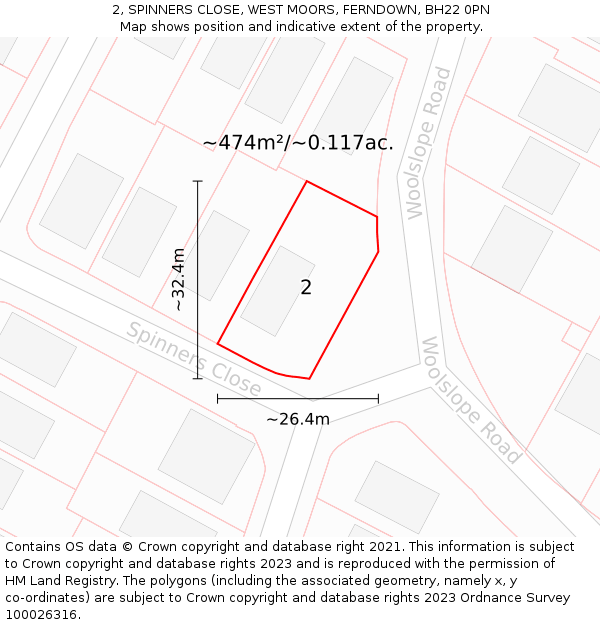 2, SPINNERS CLOSE, WEST MOORS, FERNDOWN, BH22 0PN: Plot and title map
