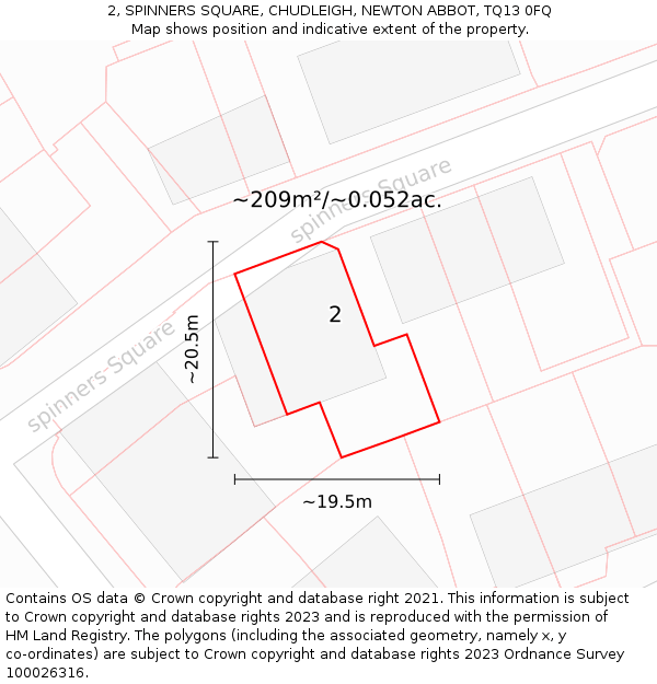 2, SPINNERS SQUARE, CHUDLEIGH, NEWTON ABBOT, TQ13 0FQ: Plot and title map