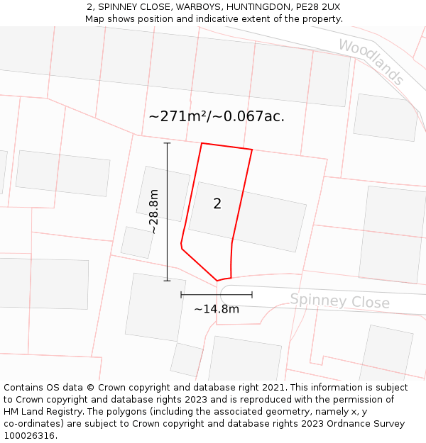 2, SPINNEY CLOSE, WARBOYS, HUNTINGDON, PE28 2UX: Plot and title map