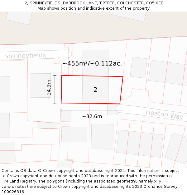2, SPINNEYFIELDS, BARBROOK LANE, TIPTREE, COLCHESTER, CO5 0EE: Plot and title map