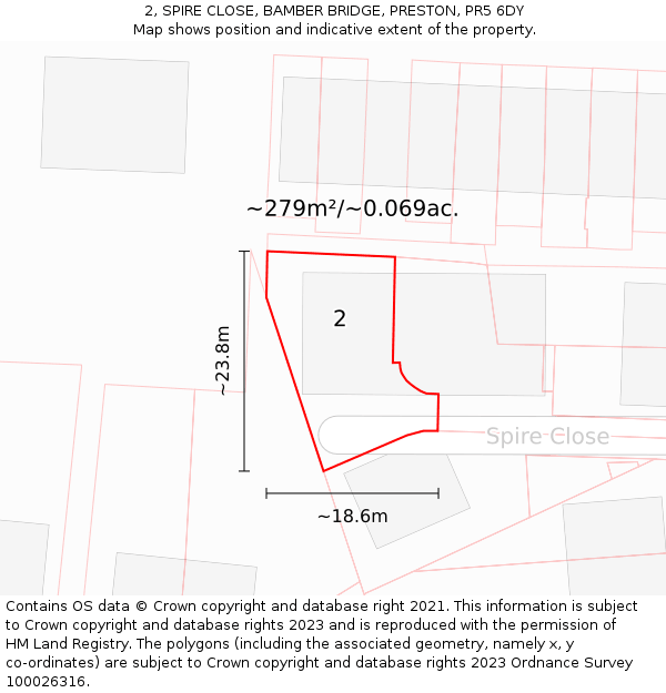 2, SPIRE CLOSE, BAMBER BRIDGE, PRESTON, PR5 6DY: Plot and title map