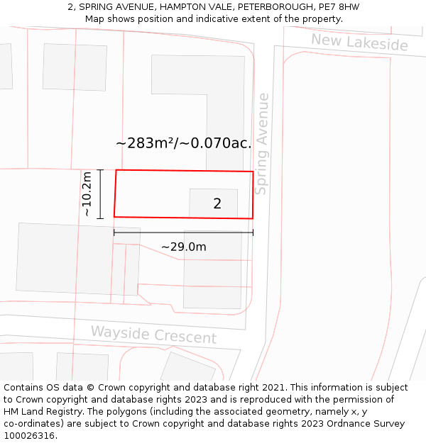 2, SPRING AVENUE, HAMPTON VALE, PETERBOROUGH, PE7 8HW: Plot and title map