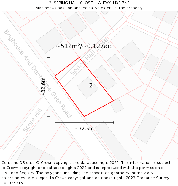 2, SPRING HALL CLOSE, HALIFAX, HX3 7NE: Plot and title map