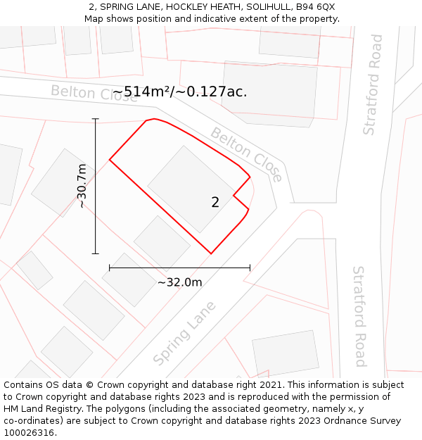 2, SPRING LANE, HOCKLEY HEATH, SOLIHULL, B94 6QX: Plot and title map