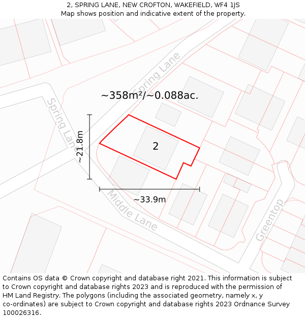 2, SPRING LANE, NEW CROFTON, WAKEFIELD, WF4 1JS: Plot and title map