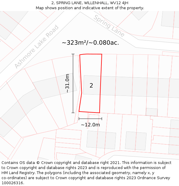 2, SPRING LANE, WILLENHALL, WV12 4JH: Plot and title map