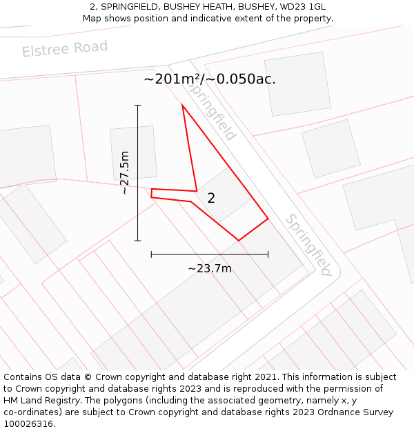 2, SPRINGFIELD, BUSHEY HEATH, BUSHEY, WD23 1GL: Plot and title map