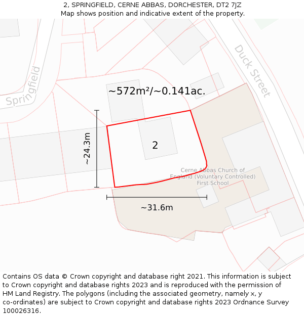 2, SPRINGFIELD, CERNE ABBAS, DORCHESTER, DT2 7JZ: Plot and title map