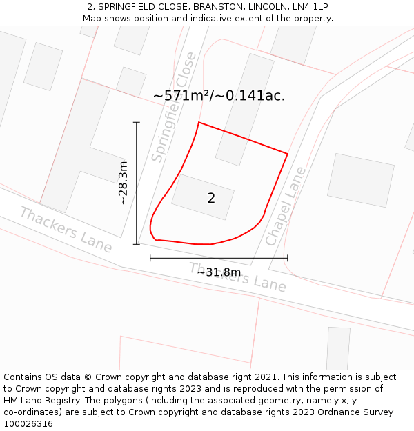 2, SPRINGFIELD CLOSE, BRANSTON, LINCOLN, LN4 1LP: Plot and title map