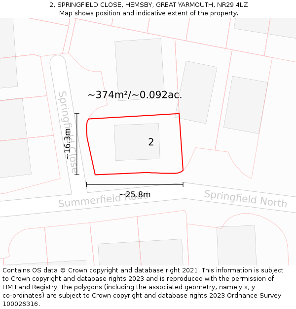 2, SPRINGFIELD CLOSE, HEMSBY, GREAT YARMOUTH, NR29 4LZ: Plot and title map