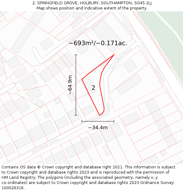 2, SPRINGFIELD GROVE, HOLBURY, SOUTHAMPTON, SO45 2LJ: Plot and title map