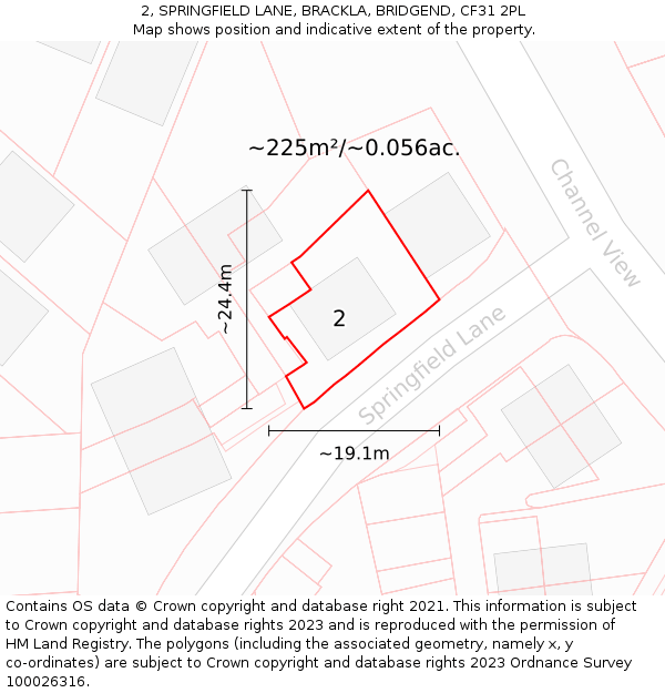 2, SPRINGFIELD LANE, BRACKLA, BRIDGEND, CF31 2PL: Plot and title map