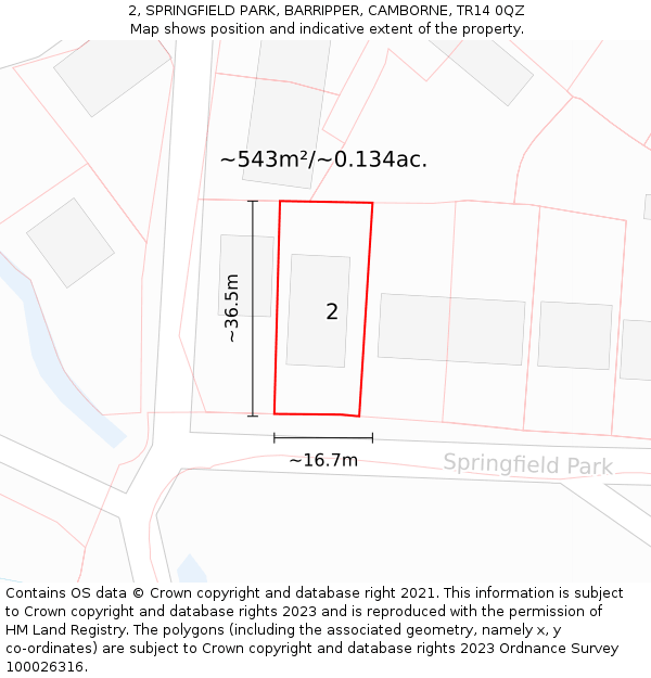 2, SPRINGFIELD PARK, BARRIPPER, CAMBORNE, TR14 0QZ: Plot and title map