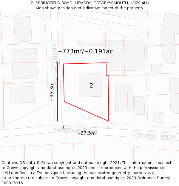 2, SPRINGFIELD ROAD, HEMSBY, GREAT YARMOUTH, NR29 4LU: Plot and title map