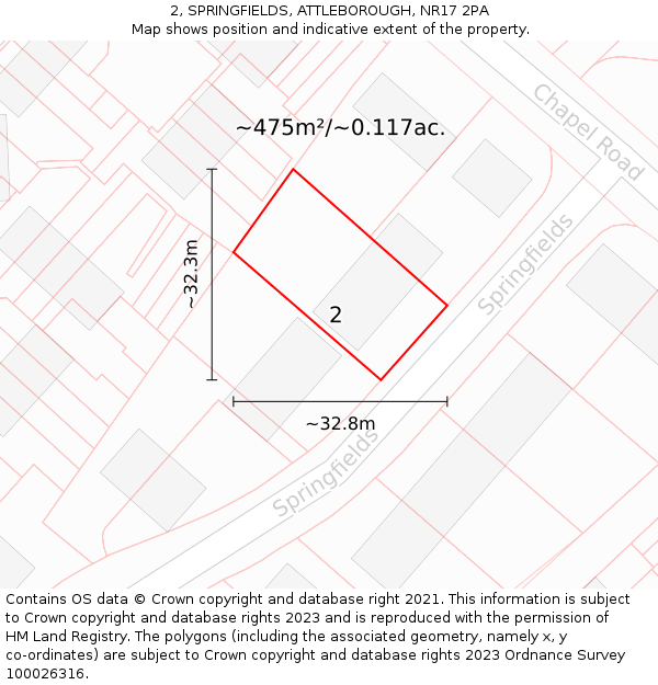 2, SPRINGFIELDS, ATTLEBOROUGH, NR17 2PA: Plot and title map