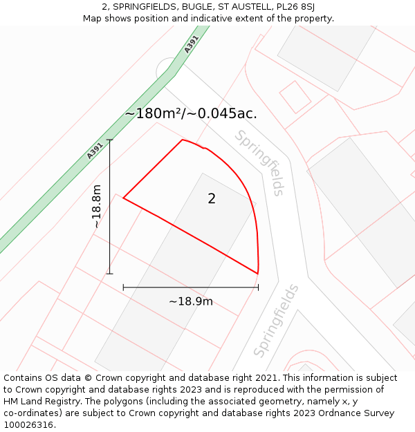 2, SPRINGFIELDS, BUGLE, ST AUSTELL, PL26 8SJ: Plot and title map