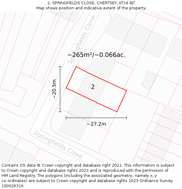 2, SPRINGFIELDS CLOSE, CHERTSEY, KT16 8JT: Plot and title map