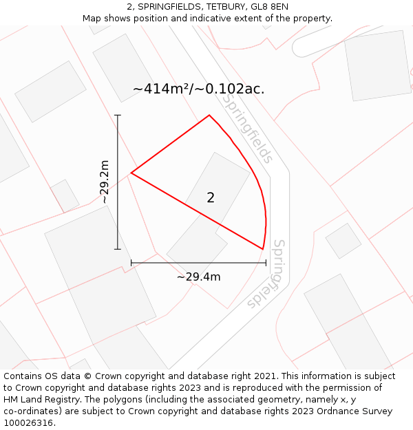 2, SPRINGFIELDS, TETBURY, GL8 8EN: Plot and title map