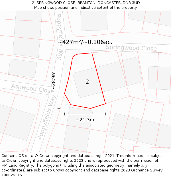 2, SPRINGWOOD CLOSE, BRANTON, DONCASTER, DN3 3UD: Plot and title map