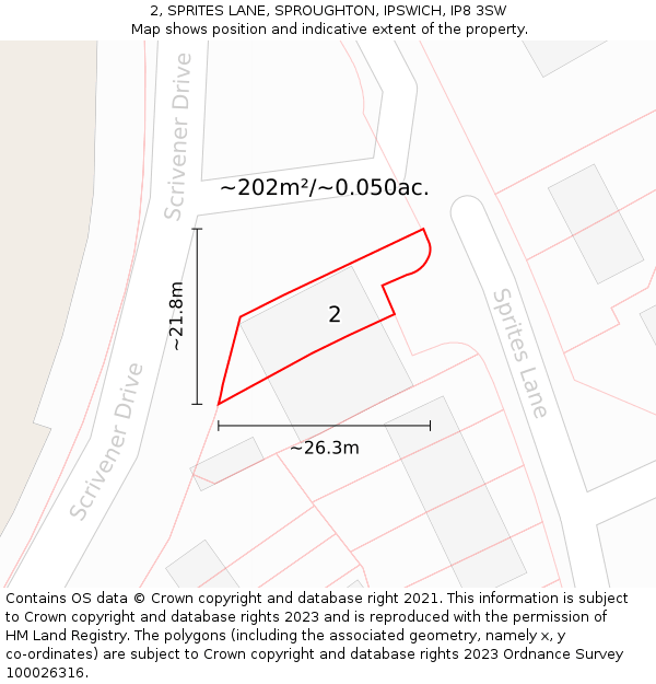 2, SPRITES LANE, SPROUGHTON, IPSWICH, IP8 3SW: Plot and title map