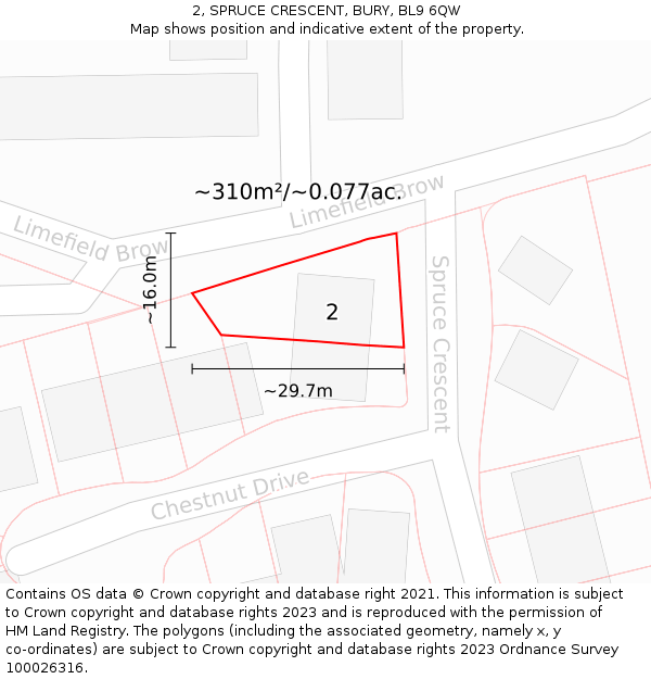 2, SPRUCE CRESCENT, BURY, BL9 6QW: Plot and title map
