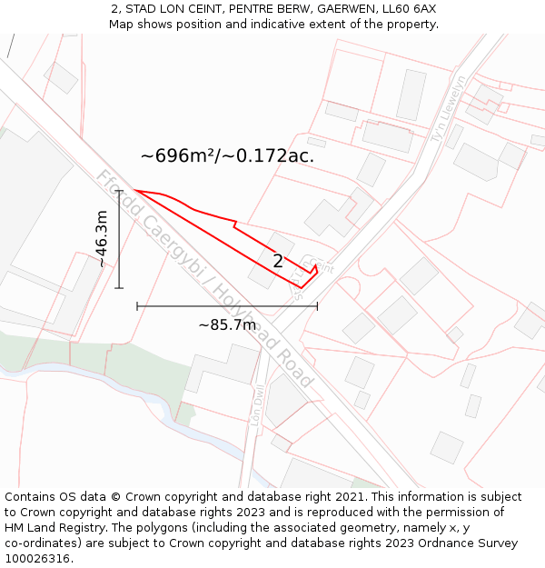 2, STAD LON CEINT, PENTRE BERW, GAERWEN, LL60 6AX: Plot and title map