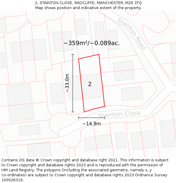 2, STAINTON CLOSE, RADCLIFFE, MANCHESTER, M26 3TQ: Plot and title map