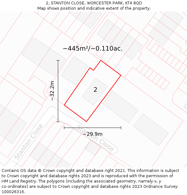 2, STANTON CLOSE, WORCESTER PARK, KT4 8QD: Plot and title map