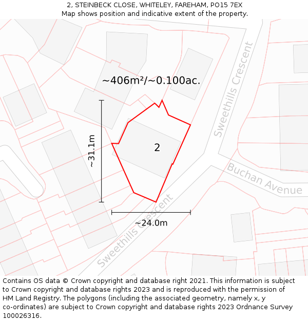 2, STEINBECK CLOSE, WHITELEY, FAREHAM, PO15 7EX: Plot and title map