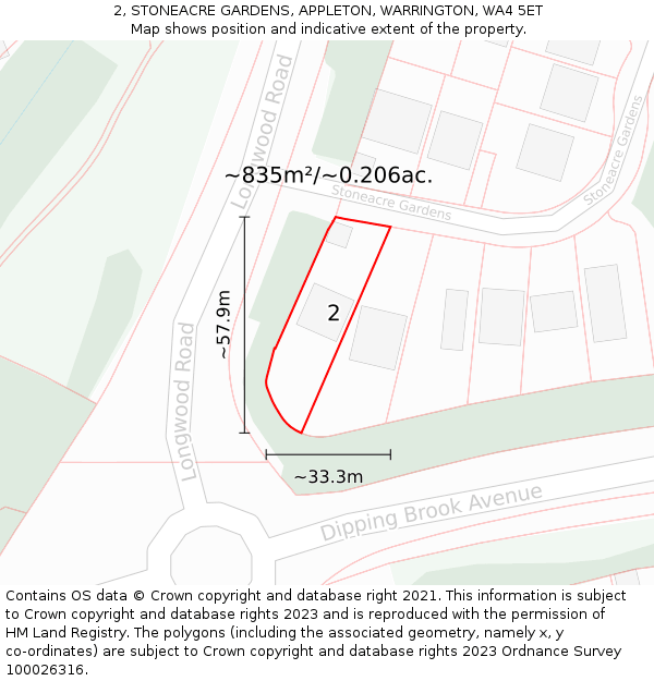 2, STONEACRE GARDENS, APPLETON, WARRINGTON, WA4 5ET: Plot and title map