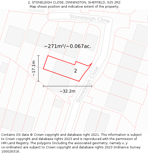 2, STONELEIGH CLOSE, DINNINGTON, SHEFFIELD, S25 2RZ: Plot and title map
