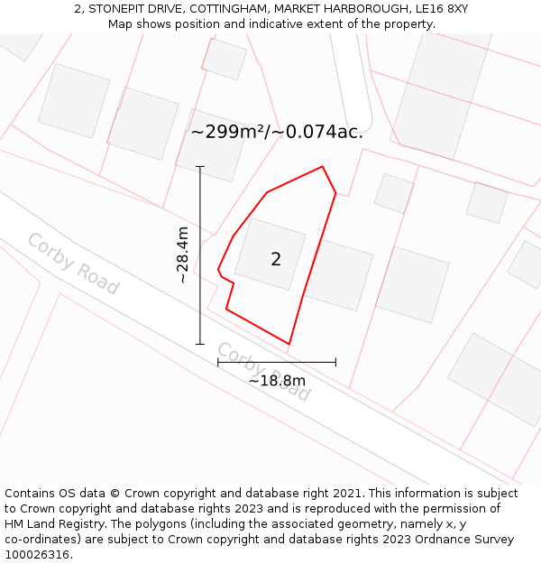 2, STONEPIT DRIVE, COTTINGHAM, MARKET HARBOROUGH, LE16 8XY: Plot and title map