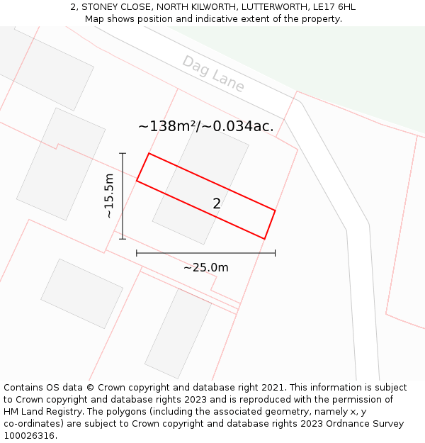 2, STONEY CLOSE, NORTH KILWORTH, LUTTERWORTH, LE17 6HL: Plot and title map